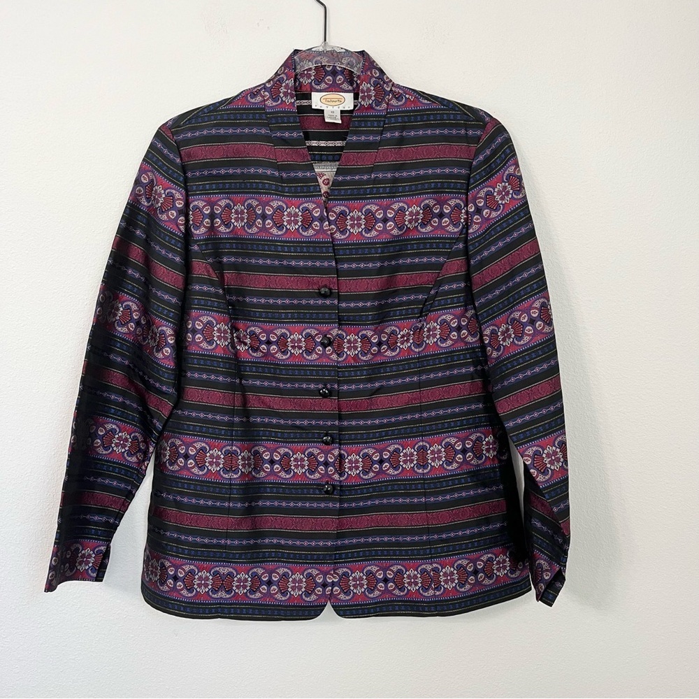 Talbots Womens Silk Tapestry Jacket Blazer Asian Striped Lightweight Size 10